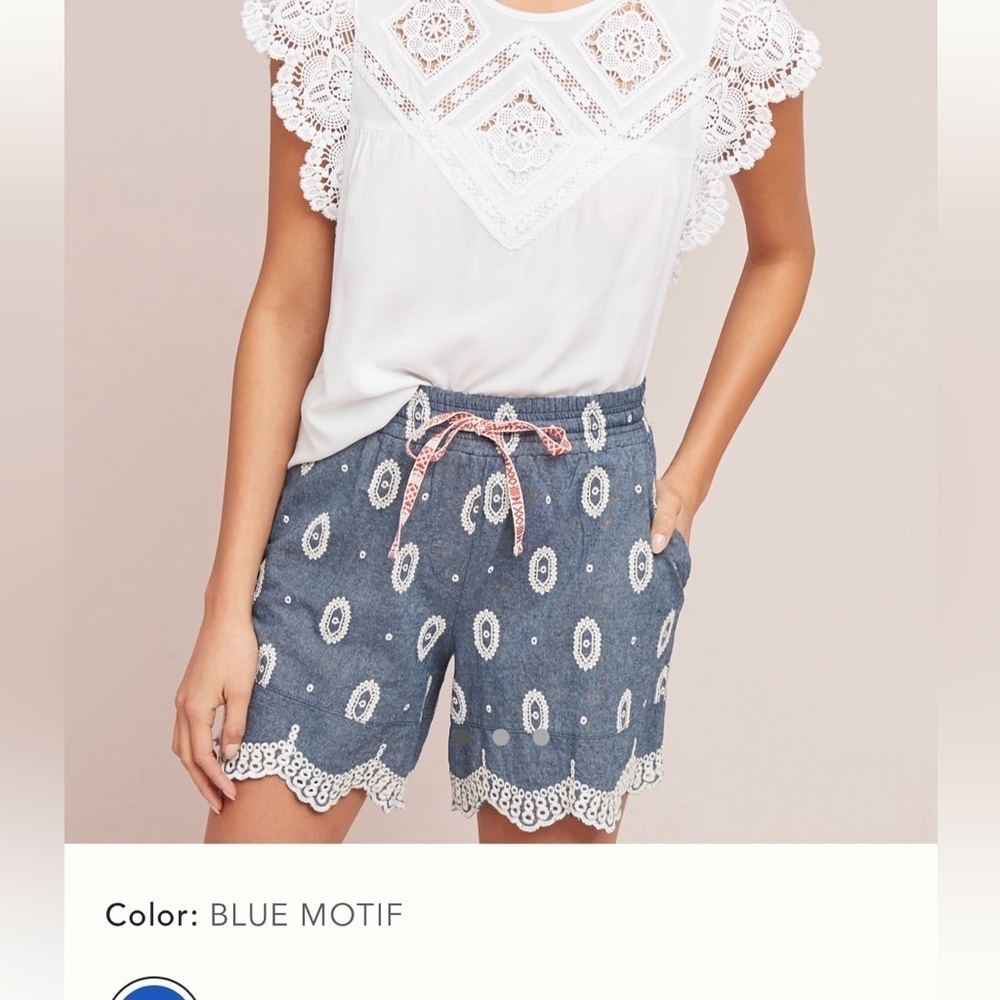Anthropologie large eyelet chambray shorts scalloped edge drawstring pull on